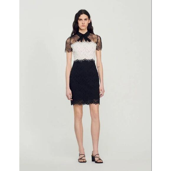 Sandro Paris Rozen Two-Tone Lace Mini Dress Black/White Size US 6 $415_EUC - Picture 3 of 9